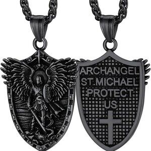 Saint Michael Archangel Necklace, Stainless Steel Pendant Amulet for Men Women